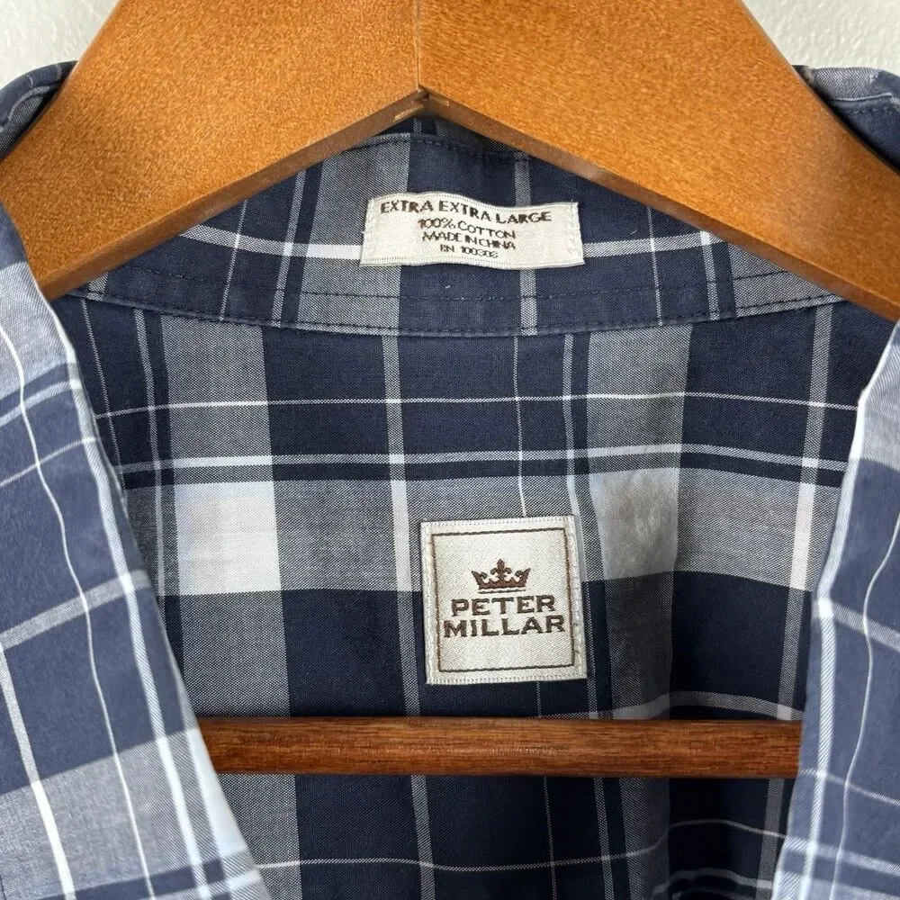 Peter Millar Men XXL Blue Plaid Shirt Cotton Button Down Shirt Long Sleeve